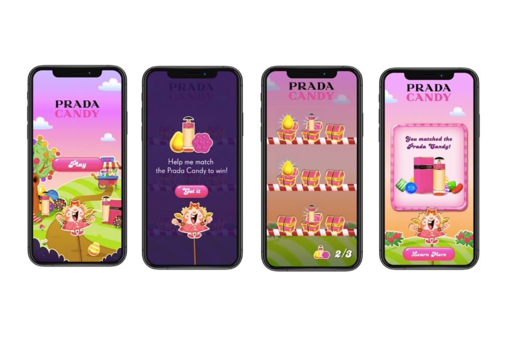 Four smartphones showing four different panels of the Prada Candy Candy Crush promotion.