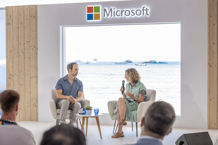 Jonathan Stringfield and Lynne Kjolso share the stage at Microsoft Beach in Cannes, France. 