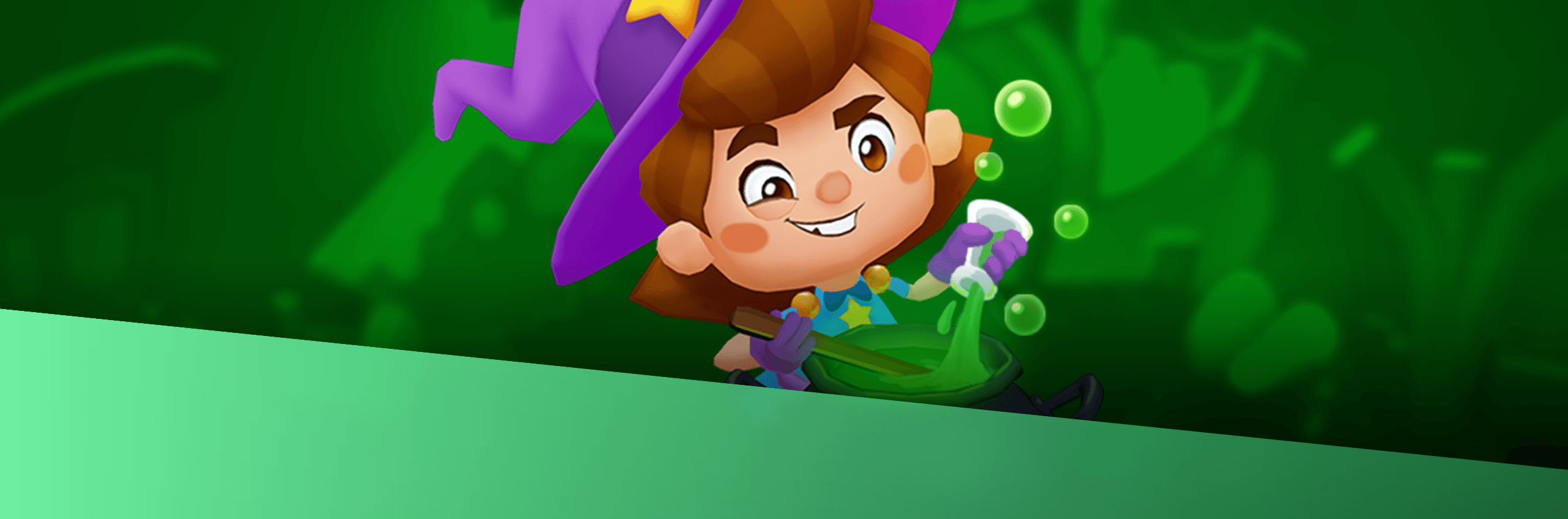 Bubble Witch character, Kimmie, dressed as Stella plays over a magic cauldron. 