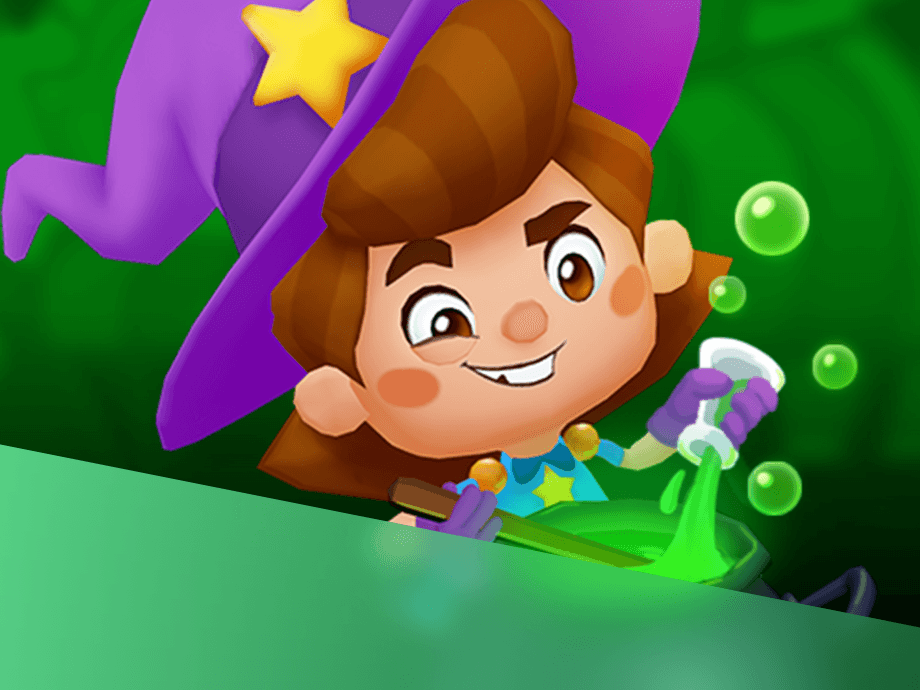 Bubble Witch character, Kimmie, dressed as Stella plays over a magic cauldron. 