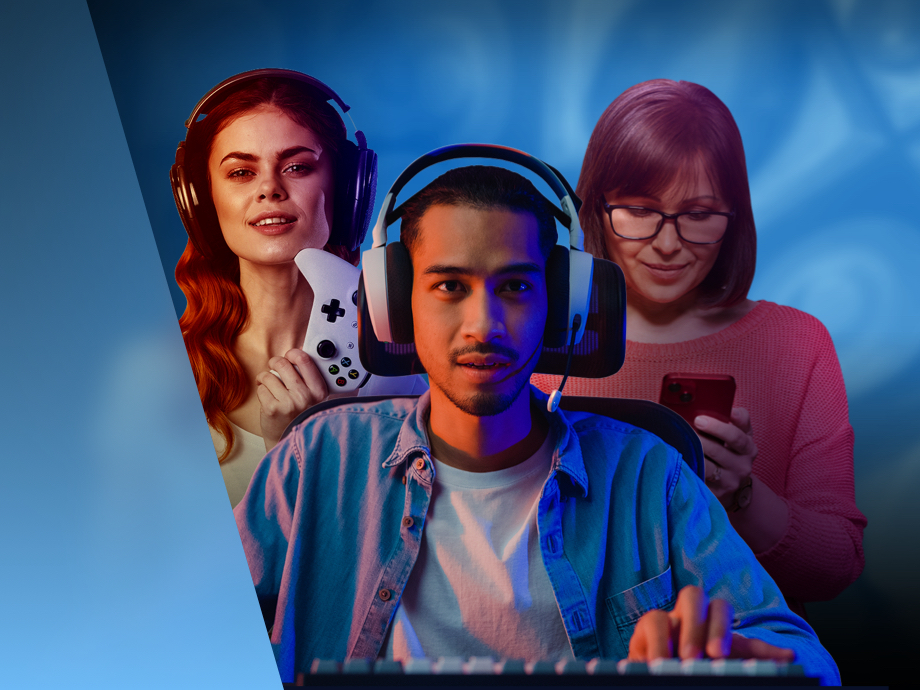 Three players engaged with their favorite platforms: PC, console, and mobile